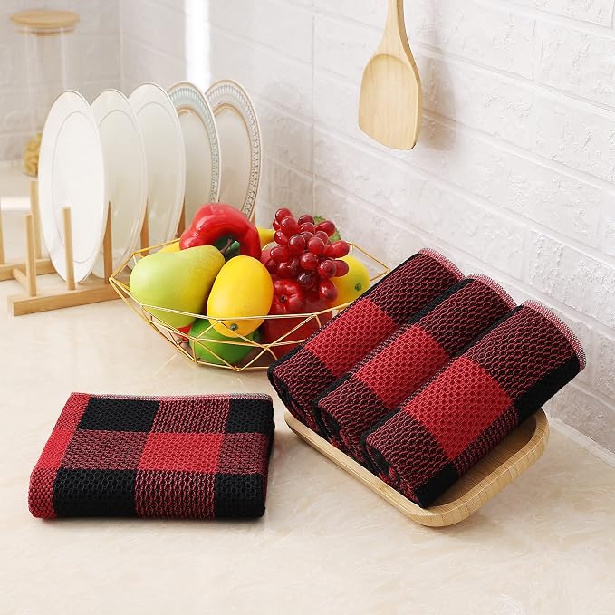 Homaxy 100% Cotton Waffle Weave Check Plaid Kitchen Towels, 13 x 28 Inches, Super Soft and Absorbent Dish Towels for Drying Dishes, 6-Pack, Black & Red