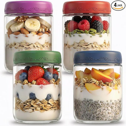 16oz 4Pack Glass Overnight Oats Jars Containers with Airtight Leakproof Lids, Reusable Mason Jars for Meal Prep, Yogurt Parfaits, Smoothies, Salads & Healthy Breakfasts (16 OZ-4-1)