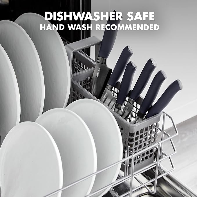 GreenPan 16-Piece Knife Block Set, Professional Stainless Steel Blades with Titanium Coating, Ultra-Sharp Kitchen Cutlery, Chef, Santoku, Bread & Steak Knives, Ergonomic Grip, Slip Resistant, Gray