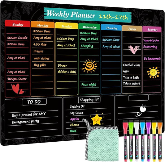 MaxGear Black Weekly Dry Erase Board,16"x12" Magnetic Whiteboard Meal Planner Blackboard for Fridge, Chalkboard Calendar Menu Planning Board Notepad for Kitchen with 7 Markers and 1 Eraser