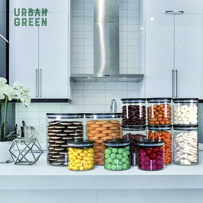 Urban Green Glass Jars with Black Bamboo Lids, Food Storage Containers with Airtight Black Lids, Glass Kitchen Canisters Sets (3 pack of 20oz + 3 pack of 30oz)