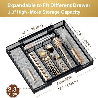 Sedegn Silverware Organizer Metal Mesh, Drawer Organizer, Utensil Cutlery Tray for kitchen drawers,Expandable Flatware Organizer with 7 Compartment Black 9.6"~16.1" x 13.8"