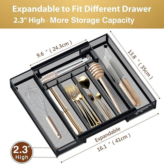 Sedegn Silverware Organizer Metal Mesh, Drawer Organizer, Utensil Cutlery Tray for kitchen drawers,Expandable Flatware Organizer with 7 Compartment Black 9.6"~16.1" x 13.8"