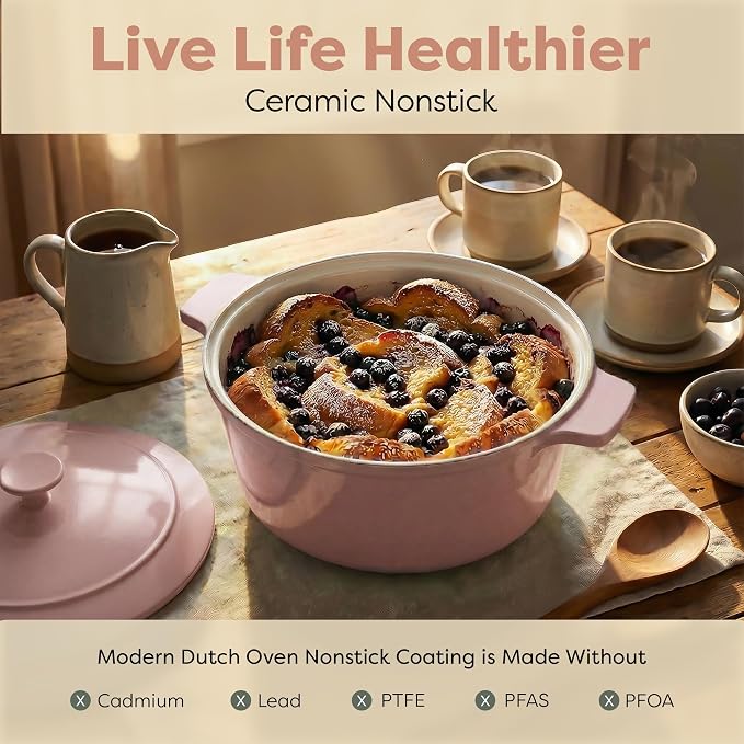 Gotham Steel 5 Qt Dutch Oven Pot with Lid, Nonstick Ceramic Dutch Oven Stock Pot, 10 in 1 Cooking Pot & Dutch Oven for Bread Baking, Lightweight, Oven & Dishwasher Safe – Pink