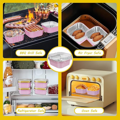 100 Pack Square Mini Cake Pans with Lids,Mini Loaf Pans with Lids,Aluminum Foil Baking Cups,Disposable Ramekins Cupcake Cups,Dessert Cups for Wedding Birthday Party Picnics,5oz (Pink)