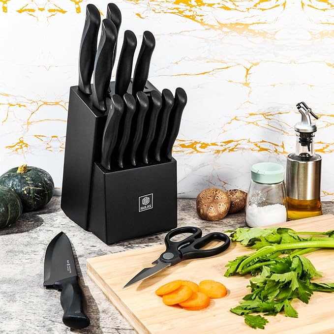 15-Piece Kitchen Knife Block Set with Built-in Sharpener, Upgraded Non-Stick Coating Blades, Ergonomic Handles, Dishwasher Safe, Black