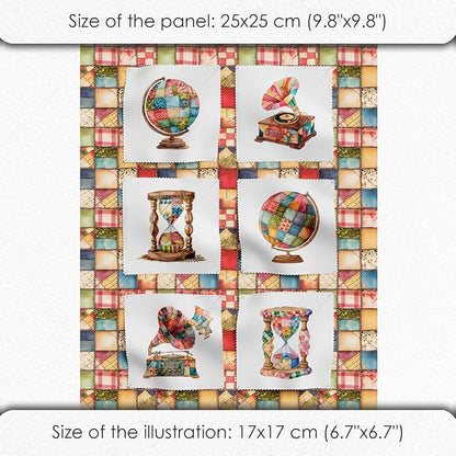 Patchwork Globe Cotton Fabric Panel – 6 Designs (10×10 inch Each) + Bonus Sheet 29.5×19.6 inch, 100% Cotton 140 GSM, Made in Türkiye