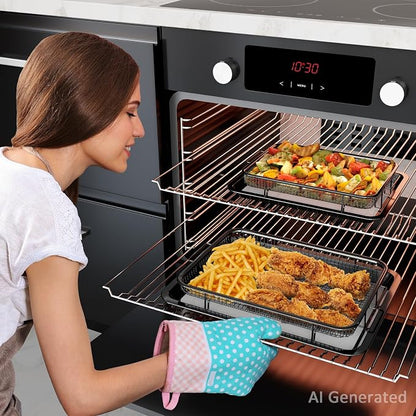Air Fryer Basket for Oven, OPENICE 15.3" x 11.0" Air Fryer Tray and Pan Set with 30PCS Parchment Papers, Stainless Steel Oven Air Fryer Basket and Tray for Baking Grilling - Black