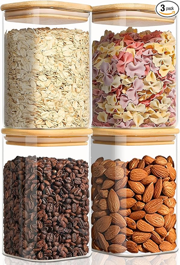VIEWELLD 1.2 Qt Square Glass Storage Containers with Lids, glass jar with airtight lid, Glass Canister for Pantry Cookie Cereal Rice Sugar Tea Coffee Beans Spice, Square Set of 4