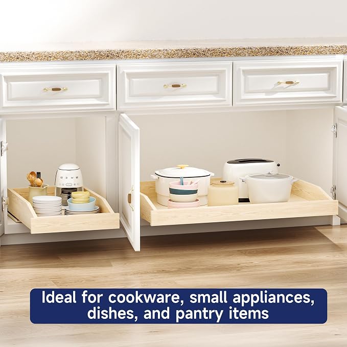 Pull Out Cabinet Organizer 25.5" W x 21" D, Soft Close Slide Out Wood Drawer Shelf for Kitchen Cabinets, Pull Out Cabinet Drawer for Base Cabinet, Pantry and Bathroom Storage, Bottom Mount