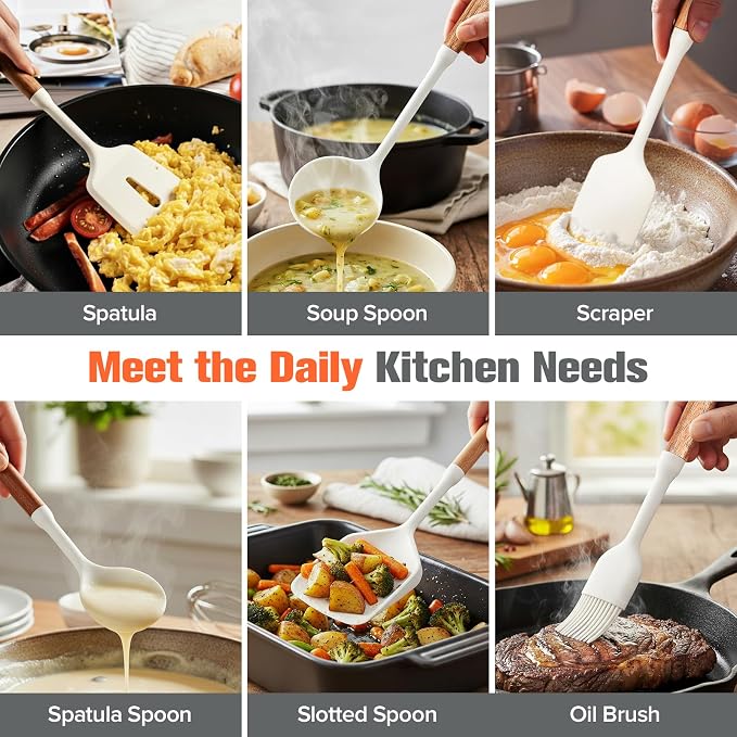 Silicone Cooking Utensils Set of 7 Pack, Wood Handle Heat-Resistant Kitchen Utensils, Non-Stick Cookware Safe - Include Spatula, Spoon, Ladle, Bowl Scraper, Basting Brush for Cooking, Baking (White)