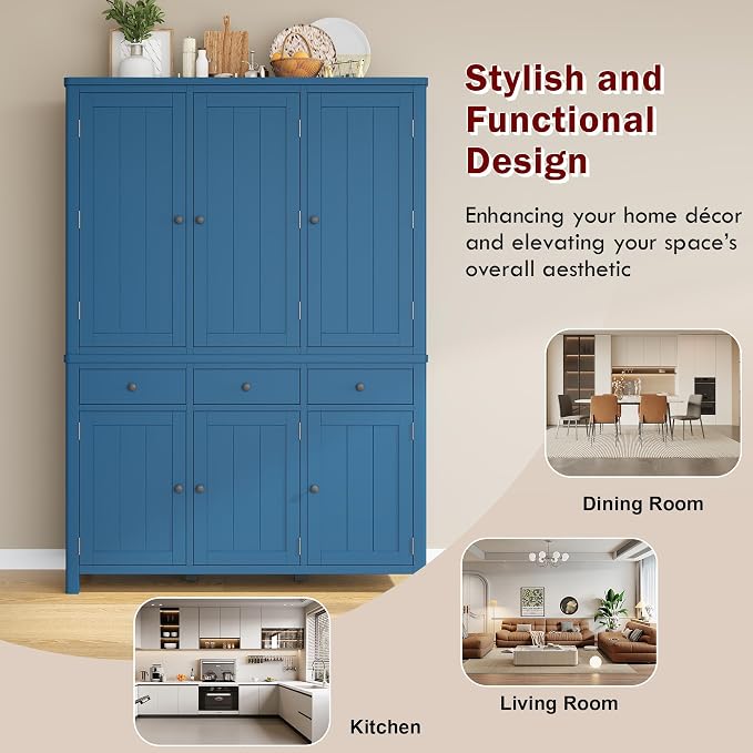 74.8''H High Freestanding Kitchen Pantry, Wooden Kitchen Organizers Cupboard Storage Cabinet with Door Shelves, Adjustable Shelves, Pull-out Trays and Drawers for Dining Room Living Room (Blue-2.12)