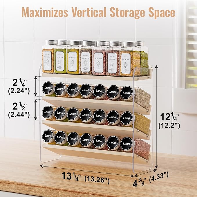 MUDEELA Clear Spice Rack Organizer for Cabinet, 4 Tiered Vertical Spice Shelf, Wooden Seasoning Organizer for Countertop, Kitchen, Pantry, Freestanding, 13.3" W × 11.2" H (No Jars Included)