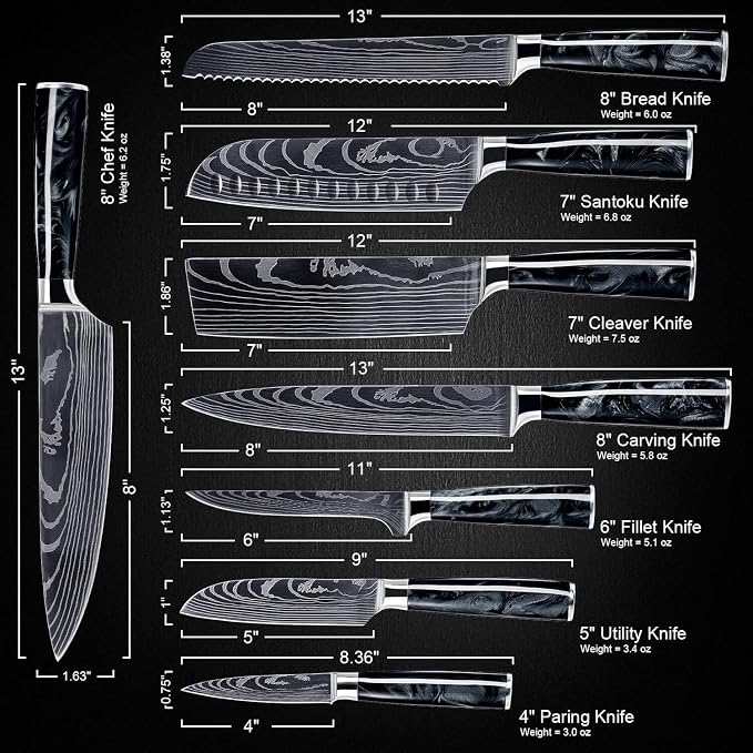 SENKEN 8-Piece Japanese Knife Set - Black Resin Handle, Laser Damascus Pattern - Onyx Collection - Chef's Knife, Cleaver, Santoku, Bread & Paring Knives
