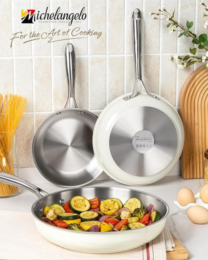 MICHELANGELO Stainless Steel Frying Pan Set, 8" 9.5" 11" Induction Pan, Triply Base Cooking Pans with Ergonomic Handle, for All Stove - Beige