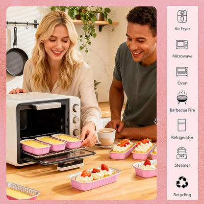NPLUX Mini Loaf Pans with Lids and Spoons Rectangular Aluminum Foil Baking Pans Mini Cheesecake Containers 6.8oz, Graduation Gifts Party Favors(120 Pack, Pink)