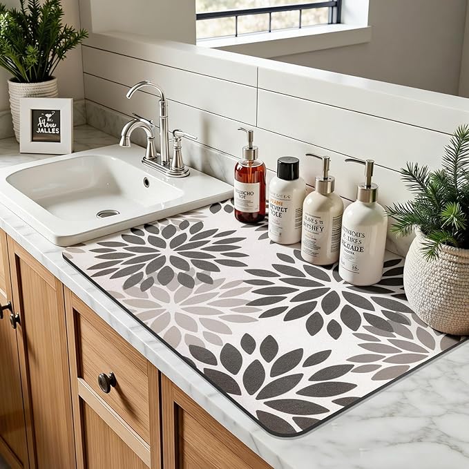 Findosom Floral Dish Drying Mat, 12" x 20" Super Absorbent & Hide Stain Coffee Mat, Cuttable Drying Mat for Kitchen Counter, Under Dish Rack, Coffee Maker, Espresso Machine, Dark Gray
