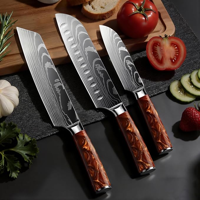 8-Piece Premium Japanese Kitchen Knife Set - Star Collection, Laser Damascus Pattern, 440A Stainless Steel Ultra Sharp for Fast Cutting (Red 8J)