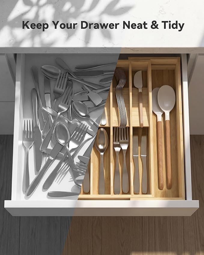 Expandable Utensil Drawer Organizer for Silverware,Bamboo 12 Slot | V-Groove & Anti-Slip Blocks, Vertical Storage,16.7" D x 13”-20" Wx 2.56" H, Cutlery Holder Dividers for Spoons Forks Knives