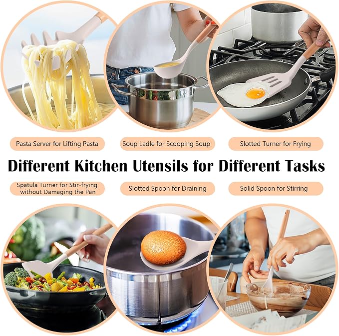 HaWare Kitchen Cooking Utensils Set, 23-Piece Silicone Kitchen Utensils Spatula Set with Holder, Heat Resistant Wooden Handle Kitchen Gadget for Nonstick Cookware, Food-grade Turner Spoon Sets (Khaki)
