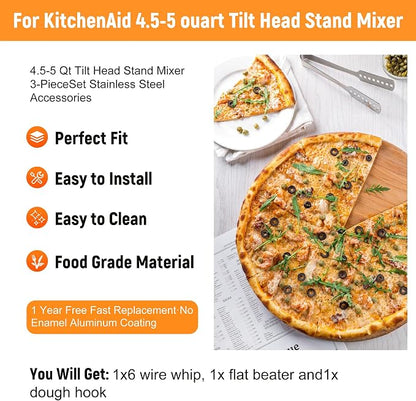 Stainless Steel Accessories for KitchenAid 4.5-5 Qt Tilt-Head Mixer, K45 Whisk, Flat Beater and Dough Hook for 5 Quart Mixing Bowl, Fits KSM45, KSM90, KSM150, Dishwasher Safe, Heavy Duty