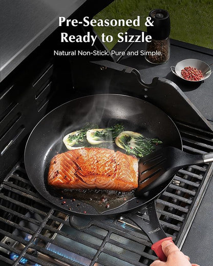 Carbon Steel Pan, 12 Inch Nonstick Frying Pan Skillet, Pre-Seasoned Carbon Steel Cookware with Removable Silicone Handle Holder, Indoor/Outdoor, Induction & Oven Safe