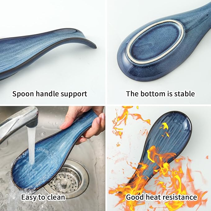 Hasense Spoon Rest for Stove Top - Navy Blue Spoon Holder for Kitchen Counter, Heat-Resistant Ceramic Cooking Utensil Rest for Spatula, Ladle and Tongs, Housewarming Gift