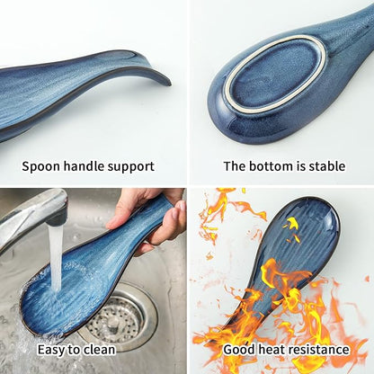 Hasense Spoon Rest for Stove Top - Navy Blue Spoon Holder for Kitchen Counter, Heat-Resistant Ceramic Cooking Utensil Rest for Spatula, Ladle and Tongs, Housewarming Gift