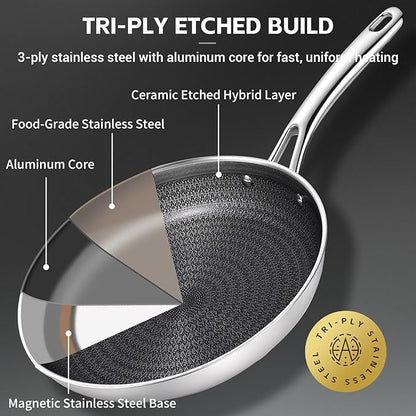 Ammeloo Hybrid Tri-Ply Stainless Steel Frying Pan Set, 8"/9.5"/11" Cooking Pans, Non Stick Frying Pans and Skillets, Chef Pan, Non Toxic, Dishwasher Safe, Induction Compatible, Black Interior