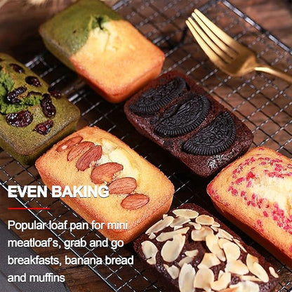 Mini Loaf Pans Nonstick, Bread Muffin Pan with Silicone Handle for Oven, 8 Cavity, Carbon Steel, Dishwasher Safe & Easy Cleanup Small Loaf Tray, for Baking, Gray, 2 Packs