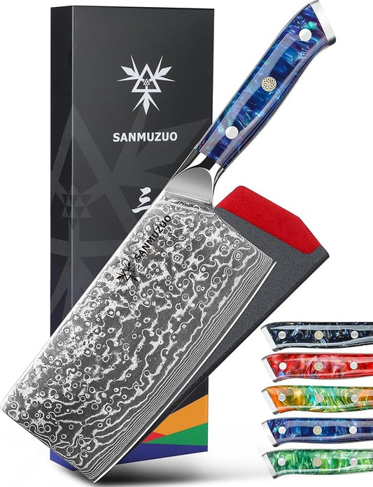 Chinese Chef Knife - 7" Cleaver Knife- Xuan Series - VG10 Damascus Steel Kitchen Knife - Resin Handle (Sapphire Blue)