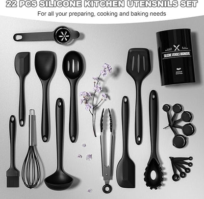 Silicone Kitchen Utensils Set, Umite Chef 22Pcs Cooking Utensils Spatula Set, Heat Resistant Non-Stick Silicone, Dishwasher Safe Cooking Gadgets Tools Set(Black)