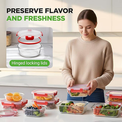 NutriChef 24-Piece Glass Food Storage Containers with Lids - 12 Stackable Heavy Duty Meal Prep Containers w/ 12 Airtight Lids - Microwave, Freezer, & Dishwasher Safe for Food, Snacks, & Fruit-(Red)