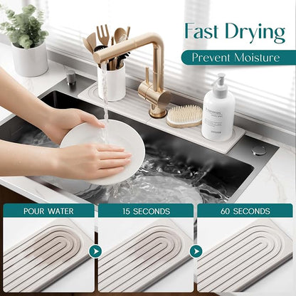 Large Faucet Mat for Kitchen Sink - Stone Drying Mat for Kitchen Counter, Diatomite Fast Drying Stone Sink Tray, Super Absorbent, Stylish Decor and Protector for Bathroom (Light Grey, 23.6" x 5.5")