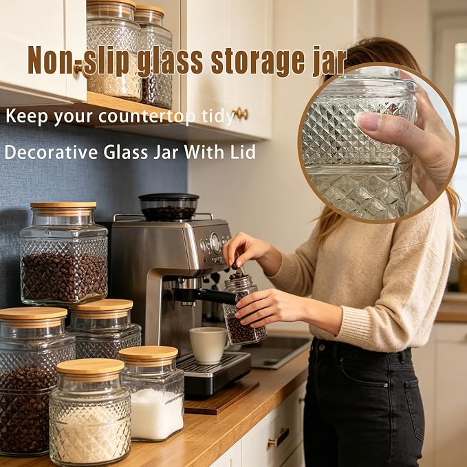 Viovian Large Glass Jar with Wood Lid and Spoon 60 OZ Square Thick Glass Storage Jars Airtight Lids Clear Decorative Vintage Canister for Food Candy Cookie Sugar Coffee Nuts Snack Dog Treat