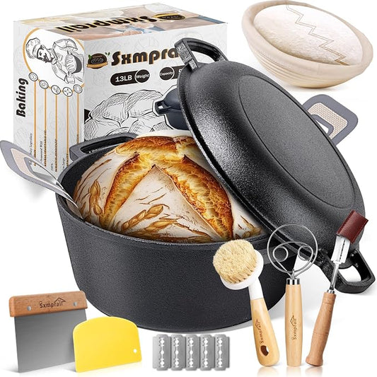 Cast Iron Dutch Oven for Sourdough Bread Baking, Pre-Seasoned 5QT Dutch Oven Pot with Lid, Include Proofing Basket, Silicone Sling & Dough Whisk