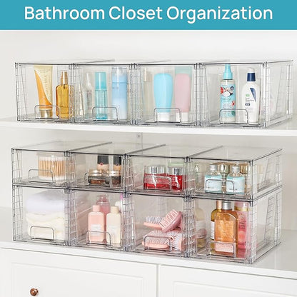 Vtopmart 4 Pack Large Stackable Storage Drawers,Easily Assemble Acrylic Bathroom Closet Undersink Organizers and Storage,Plastic Bins for Kitchen Cabinets,Pantry,Makeup,Medicine Organization