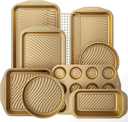 HONGBAKE 9-Piece Nonstick Bakeware Set, Wave Texture for Easy Release, 0.8mm Thick Non-Toxic Baking Pans Set, Includes Stackable Cookie Sheets, Antique Gold