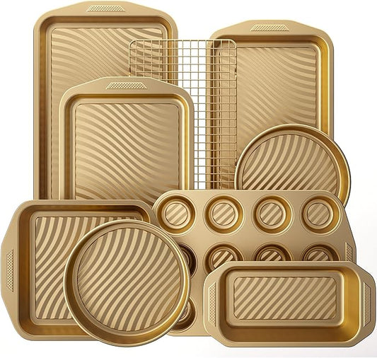 HONGBAKE 9-Piece Nonstick Bakeware Set, Wave Texture for Easy Release, 0.8mm Thick Non-Toxic Baking Pans Set, Includes Stackable Cookie Sheets, Antique Gold