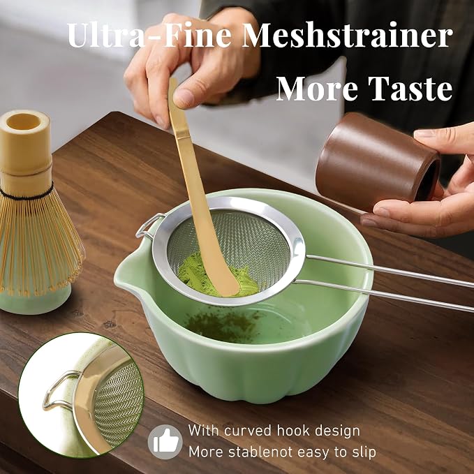 Renmxj Matcha Whisk Set,7 PCS Ceramic Matcha Kit Includes Matcha Bowl with Spout, Matcha Whisk and Holder, Bamboo Scoop, Stainless Sifter, Tea Towel, Unique Gift for Matcha Lovers (Green)