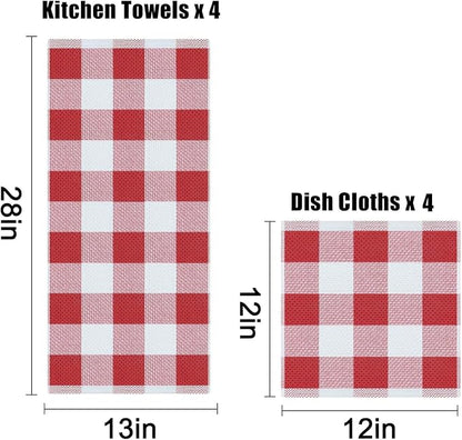 Homaxy Kitchen Towels and Dishcloths Set, 12 x 12 and 13 x 28 Inches, Set of 12 100% Cotton Waffle Weave Check Plaid Kitchen Dish Towels, Super Soft and Absorbent Dish Cloths, White & Red