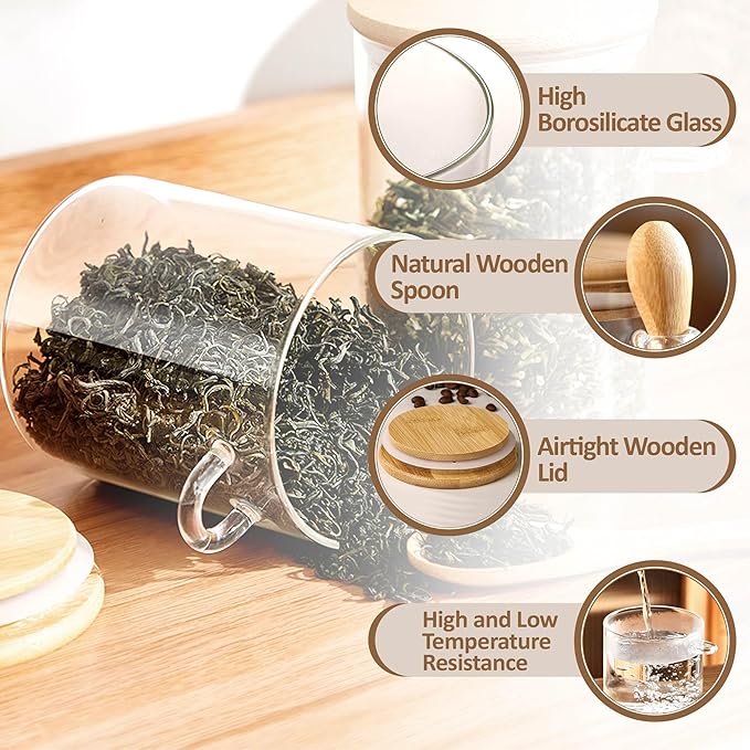 25 oz/750 ml Glass Storage Canister with with Airtight Lid, Cute Clear Decorative Container Jar with Wooden Spoon for Coffee Spice Candy Salt Cookie Condiment Sugar Matcha Tea Overnight Oats