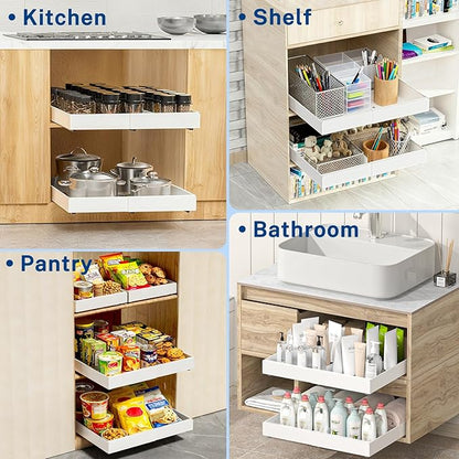 Pull Out Cabinet Organizer Expandable Width(12.2"-20.47") & 21"Deep, Insputer No Drill Adhesive Slide Out Drawers with Upgrade 3 Slide Rails, Magnetic Panel, Roll Out Shelf for Kitchen, Pantry White