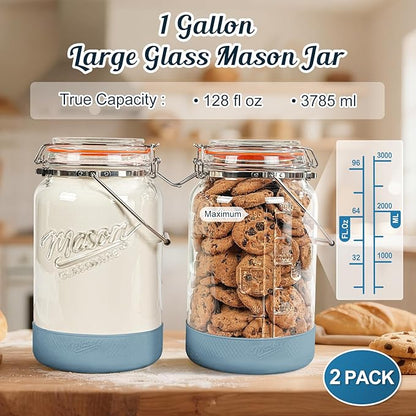2 Packs 1 Gallon Glass Jars with Airtight Lids, Wide Mouth Mason Jars with Clip Top & Stainless Steel Handle & Silicone Base, Glass Storage Containers for Kitchen Storage, Pickling-Dual Scale