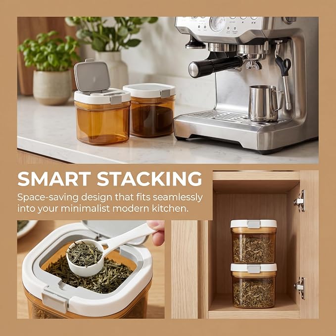 Coffee Canister with Scoop, 2 Pack 27oz Airtight Coffee Storage Container, Amber Light Blocking Jar, Wide Mouth for Coffee Beans, Sugar, Tea, Herbs Pantry Storage
