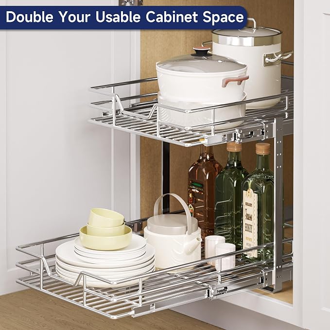 2-Tier Pull Out Cabinet Organizer, 16.5" W x 21.5" D, Heavy Duty Dual Slide Out Shelves for Base Cabinets, Chrome Wire Basket Drawer for Pantry, Kitchen & Bathroom Storage