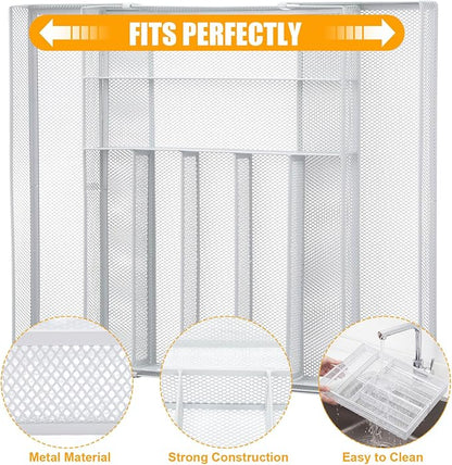 1 Pcs Utensil Drawer Silverware Organizer, Metal Mesh Expandable 13" 24" Kitchen Drawer Organizer, 7-9 Slots Cutlery Tray Dividers for Kitchen Flatware Christmas Housewarming Gift (White)