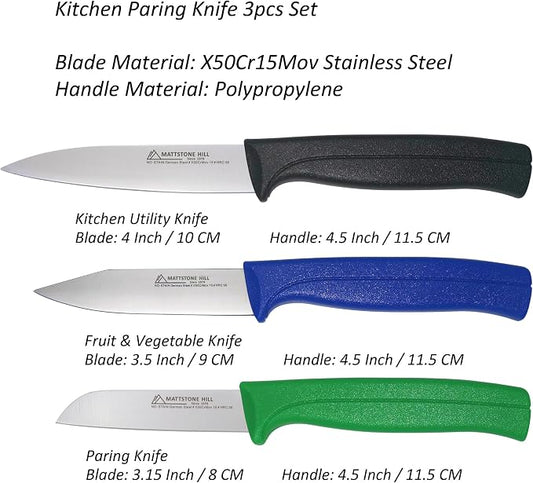 Paring Knife Set, MATTSTONE HILL Kitchen Knife Set - Fruit & Vegetable Knives, Premium Stainless Steel Vegetable Knife, Black, Blue, Green