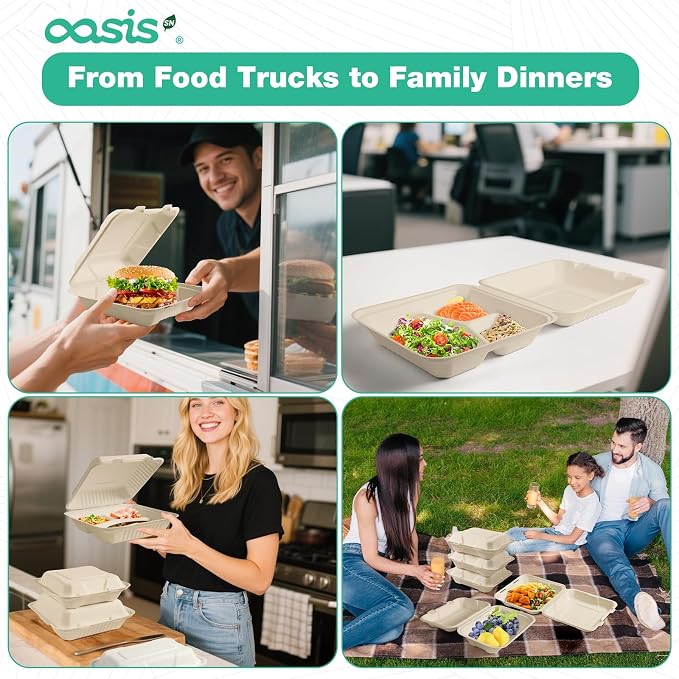 𝟵𝘅𝟲", 𝟲𝟴-𝗣𝗮𝗰𝗸 Clamshell Take Out Food Containers, Compostable Heavy-Duty Disposable Paper Lunch Boxes，Eco-Friendly Biodegradable To Go Containers For Food(Natural)
