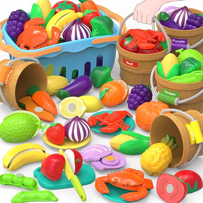 Cutting Play Food Toys for Kids, Pretend Play Kitchen Accessories, Cutting Food Sorting Toy, Fake Fruits/Vegetables Set with Shopping Storage Basket, Plastic Board and Knife, Birthday Gift